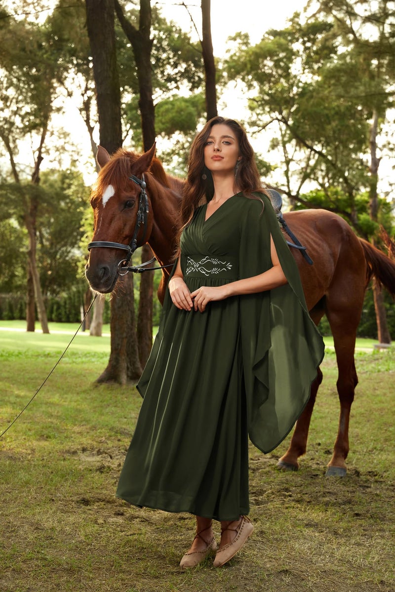 Scarlet Darkness Women's Renaissance Costume Wrap V Neck Split Bell Sleeve Embroidery Long Dresses with Pockets - Image 4