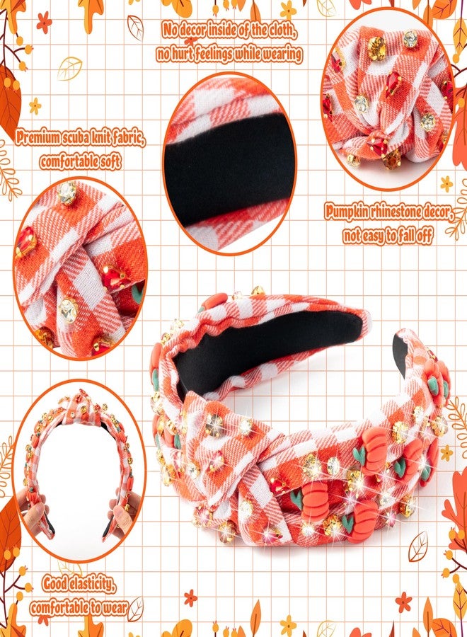 PANTIDE Thanksgiving Fall Jeweled Knotted Headband - Pumpkin Rhinestone Crystal Embellished Headband Wide Top Knot Fashion Hairband Hair Accessories Autumn Birthday Gift for Women Girls(Plaid Pumpkin) - Image 3