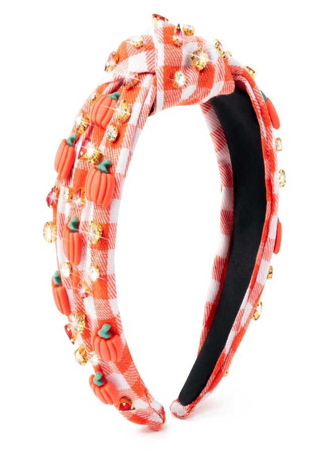 PANTIDE Thanksgiving Fall Jeweled Knotted Headband - Pumpkin Rhinestone Crystal Embellished Headband Wide Top Knot Fashion Hairband Hair Accessories Autumn Birthday Gift for Women Girls(Plaid Pumpkin) - Image 1