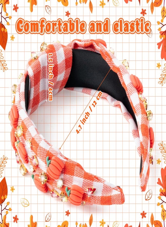 PANTIDE Thanksgiving Fall Jeweled Knotted Headband - Pumpkin Rhinestone Crystal Embellished Headband Wide Top Knot Fashion Hairband Hair Accessories Autumn Birthday Gift for Women Girls(Plaid Pumpkin) - Image 2