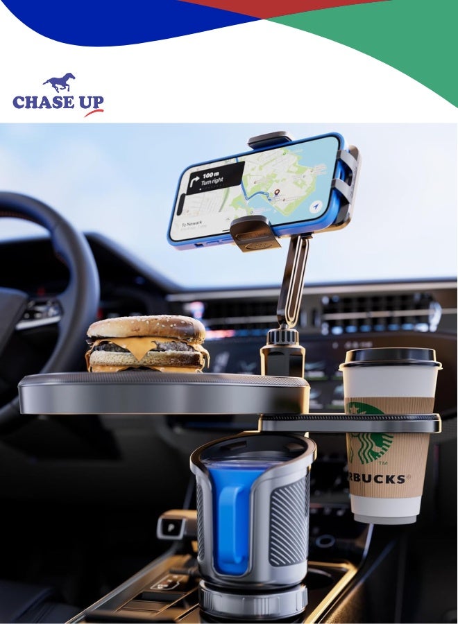 Chase Up Car Cup Holder Tray, 4-in-1 Adjustable Food Table Tray, Car Cup Holder Expander with 360° Rotatable Phone Holder, Extra Beverage Cup Holder, 4 Expandable Bases for Stability, Road Trip Essentials - Image 1