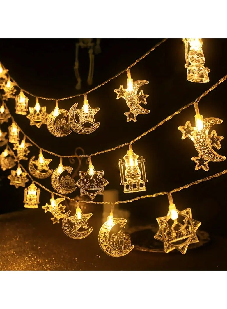 قطعة واحدة من أضواء رمضان الأنيقة - 3 متر، 20 مصباح ليد، تصميم القمر والنجمة والهلال، توهج ذهبي دافئ، تعمل بالبطارية، مثالية لديكور المنزل وغرفة المعيشة، احتفالات عيد مبارك (البطاريات غير متضمنة)، ديكورات رمضان للمنزل - Image 1