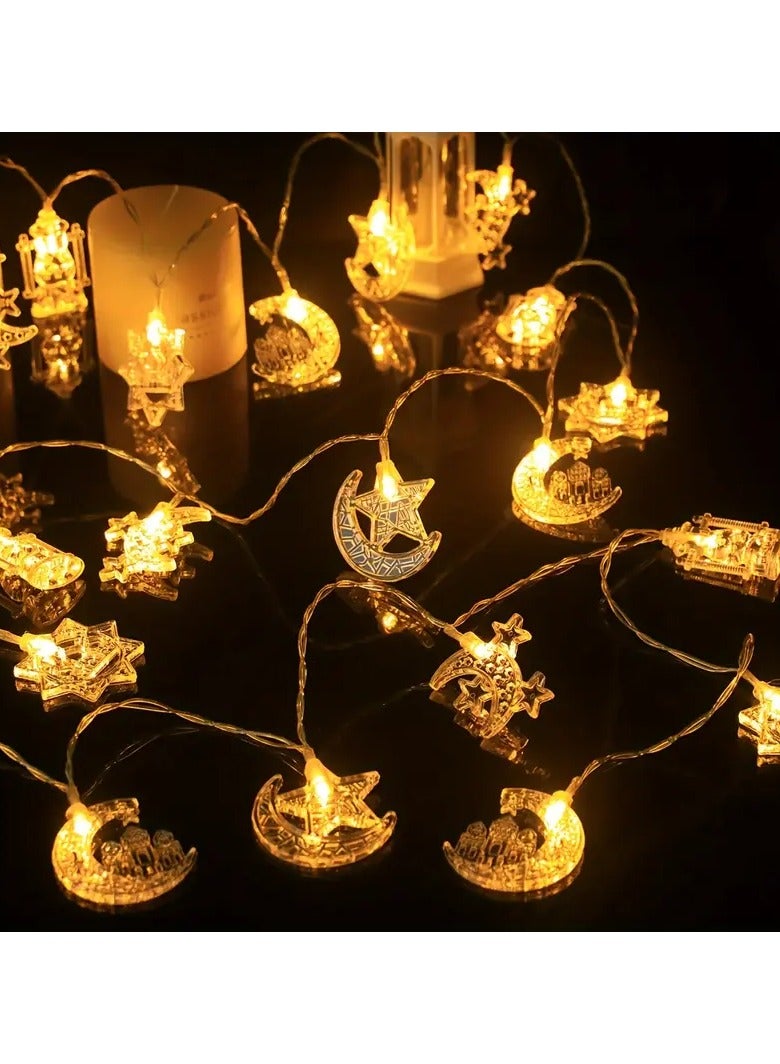 قطعة واحدة من أضواء رمضان الأنيقة - 3 متر، 20 مصباح ليد، تصميم القمر والنجمة والهلال، توهج ذهبي دافئ، تعمل بالبطارية، مثالية لديكور المنزل وغرفة المعيشة، احتفالات عيد مبارك (البطاريات غير متضمنة)، ديكورات رمضان للمنزل - Image 3
