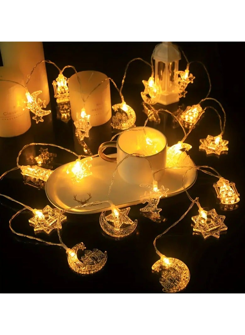 قطعة واحدة من أضواء رمضان الأنيقة - 3 متر، 20 مصباح ليد، تصميم القمر والنجمة والهلال، توهج ذهبي دافئ، تعمل بالبطارية، مثالية لديكور المنزل وغرفة المعيشة، احتفالات عيد مبارك (البطاريات غير متضمنة)، ديكورات رمضان للمنزل - Image 2