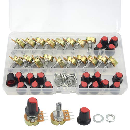 WMYCONGCONG 18 Pack B1K B2K B5K B10K B20K B50K B100K B500K B1M Ohm Knurled Shaft Linear Rotary Taper Potentiometer Kit with Cap - Image 1