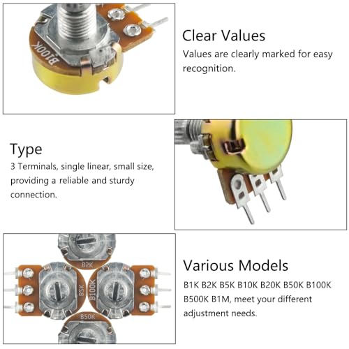 WMYCONGCONG 18 Pack B1K B2K B5K B10K B20K B50K B100K B500K B1M Ohm Knurled Shaft Linear Rotary Taper Potentiometer Kit with Cap - Image 3