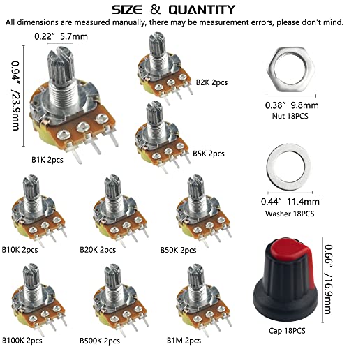 WMYCONGCONG 18 Pack B1K B2K B5K B10K B20K B50K B100K B500K B1M Ohm Knurled Shaft Linear Rotary Taper Potentiometer Kit with Cap - Image 2