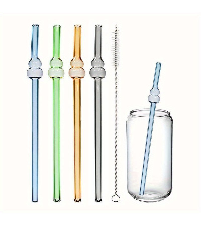Set Of 4 Reusable High Borosilicate Glass Straws With Cleaning Brush Gourd Design 8x200mm Type B For Smoothies Juices Iced Coffee And Soda Heat And Cold Resistant Ideal Gift - Image 2