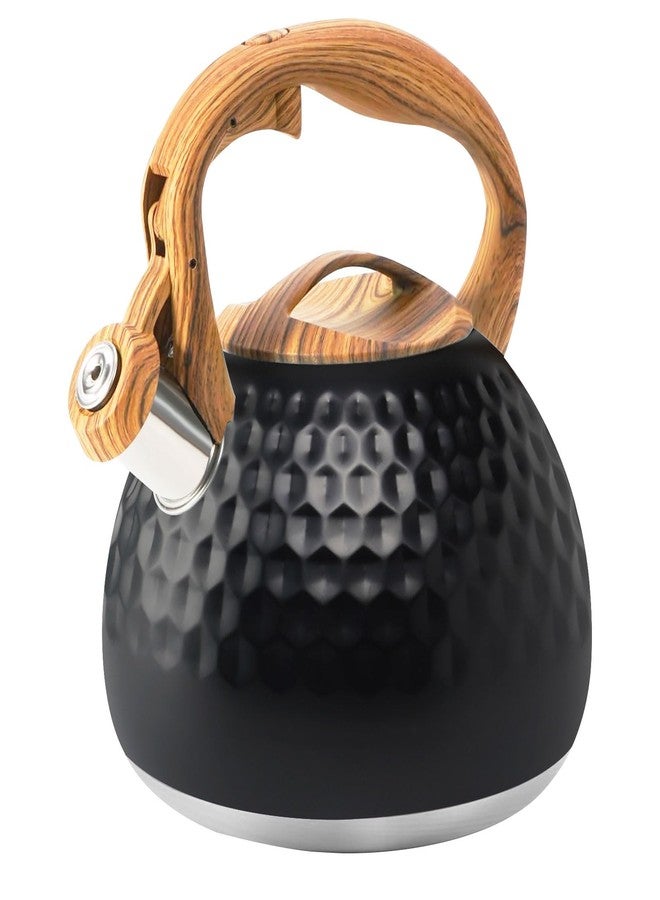 Foedo Tea Kettle Stovetop, 3.2 Qt Stainless Steel Whistling Kettle for Stove Top, Food Grade Teapot with Wood Pattern Handle for Coffee, Milk etc, Gas Electric Applicable (Black) - Image 1