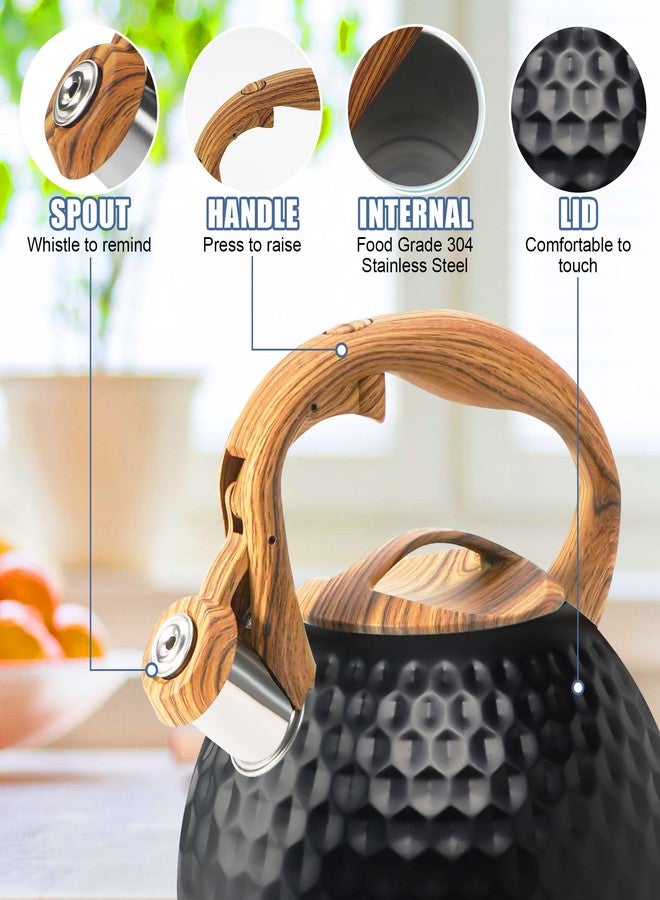 Foedo Tea Kettle Stovetop, 3.2 Qt Stainless Steel Whistling Kettle for Stove Top, Food Grade Teapot with Wood Pattern Handle for Coffee, Milk etc, Gas Electric Applicable (Black) - Image 2