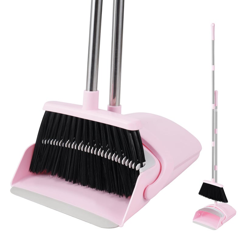 Bsklin Broom And Dustpan Set  Outdoor Broom With Dustpan Combo Set For Sweeping Indoor Collapsible Broom Set For Home Office Kitchen Lobby Floor Pet Hair (Pink) - Image 1