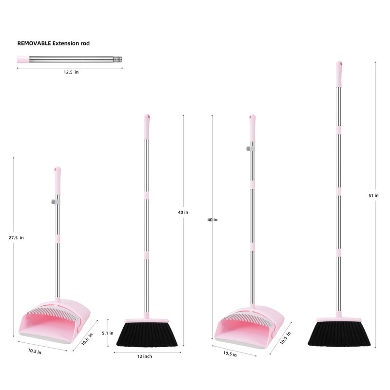 Bsklin Broom And Dustpan Set  Outdoor Broom With Dustpan Combo Set For Sweeping Indoor Collapsible Broom Set For Home Office Kitchen Lobby Floor Pet Hair (Pink) - Image 3