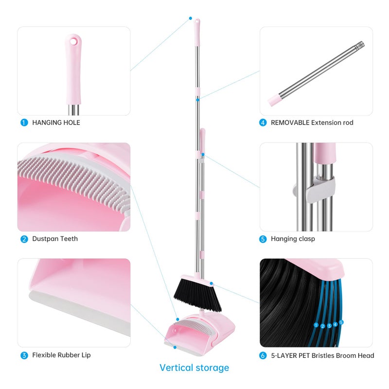 Bsklin Broom And Dustpan Set  Outdoor Broom With Dustpan Combo Set For Sweeping Indoor Collapsible Broom Set For Home Office Kitchen Lobby Floor Pet Hair (Pink) - Image 2