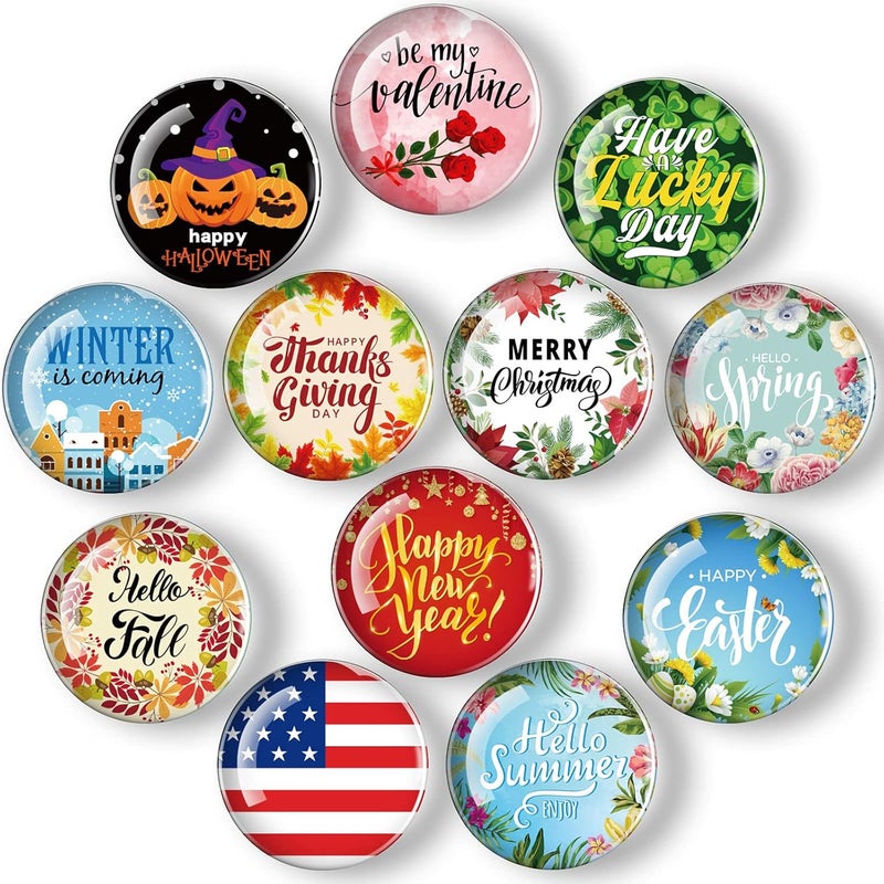 TOODOO Set of 12 Refrigerator Magnets Glass Seasonal Magnets Happy New Year Valentines Day Irish Festival Fridge Decorative Magnets for Home Whiteboard Classroom Office - Image 1