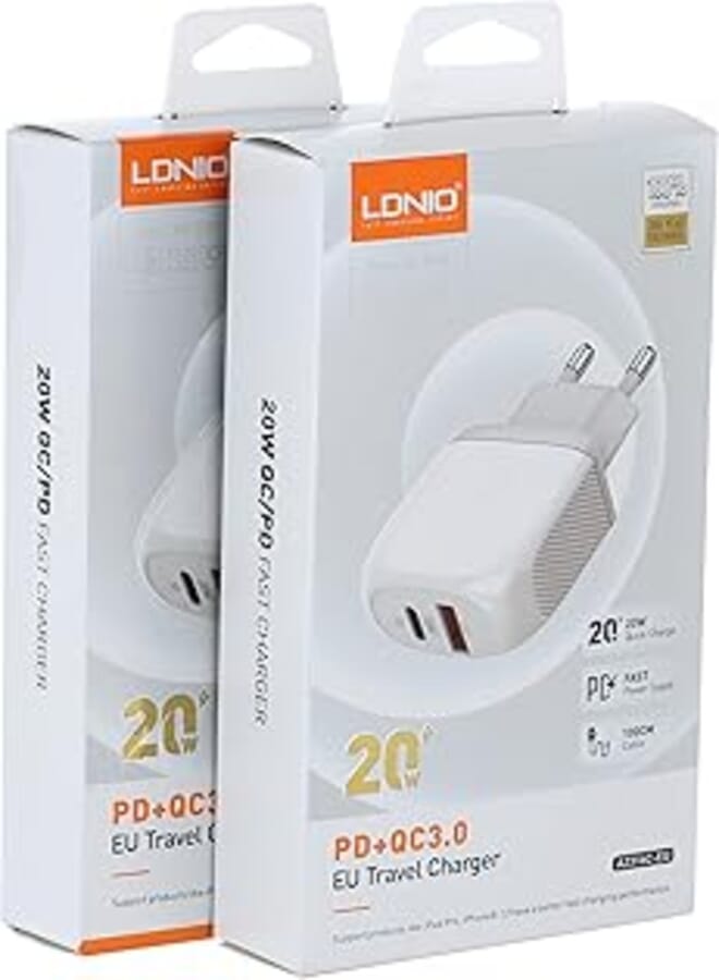 LDNIO Ldnio Set Of 2 Pieces Of A2316C Eu Fast Charger Dual Usb Ports With Type-C-Type-C Cable Perfect For Home And Office - White 