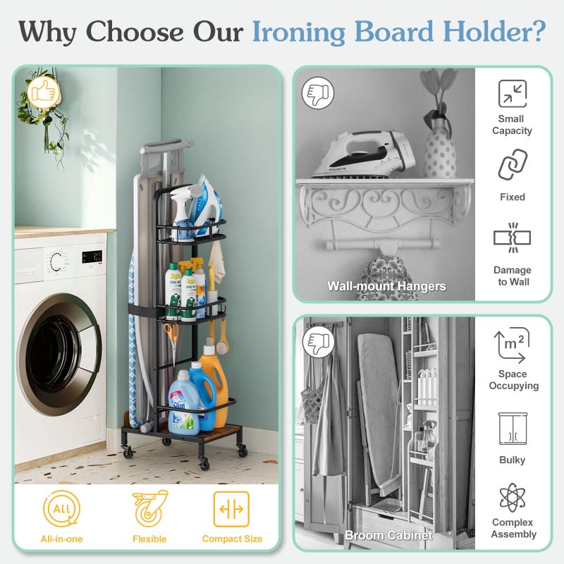 VINAEMO Ironing Board Hanger,Iron and Ironing Board Holder No Wall Mount,Laundry Room Organization and Storage Cart with Iron Stand,Narrow Laundry Shelves Organizer Cabinet,Laundry Room Essentials Accessories - Image 5