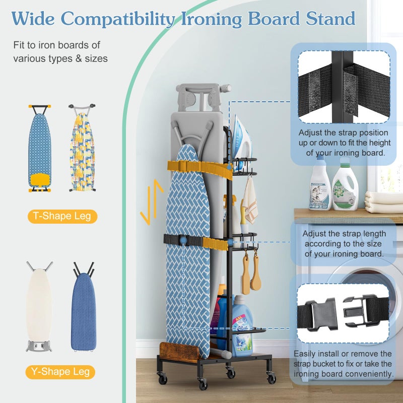 VINAEMO Ironing Board Hanger,Iron and Ironing Board Holder No Wall Mount,Laundry Room Organization and Storage Cart with Iron Stand,Narrow Laundry Shelves Organizer Cabinet,Laundry Room Essentials Accessories - Image 3
