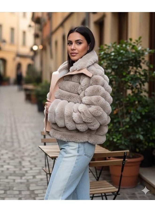 High-waisted leather fur jacket, satin lining, balloon beige, one size fits up to 80 kg - Image 4