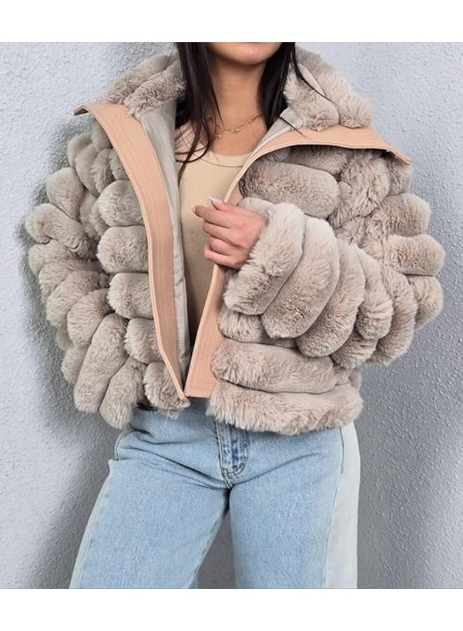High-waisted leather fur jacket, satin lining, balloon beige, one size fits up to 80 kg - Image 1