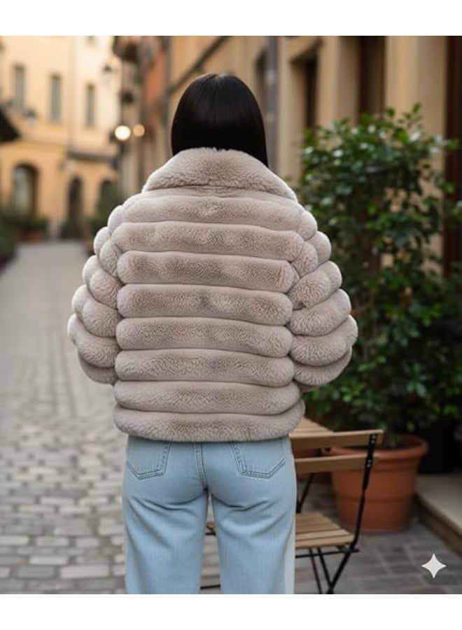 High-waisted leather fur jacket, satin lining, balloon beige, one size fits up to 80 kg - Image 2