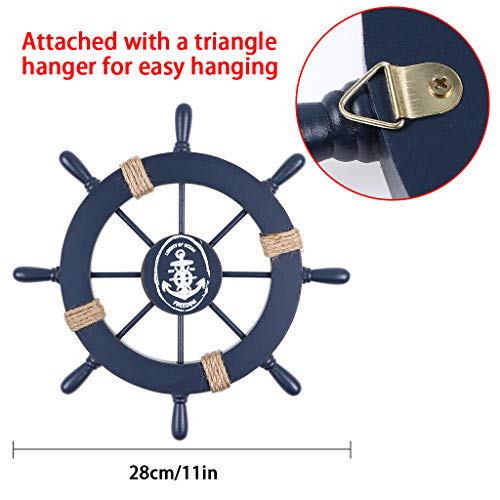 MDLUU Wooden Nautical Ship Steering Wheel, Small Ship Rudder and Anchor Wall Decor Set, 11" Navy Blue Helm Wheel Beach Theme Hanging Ornament - Image 4