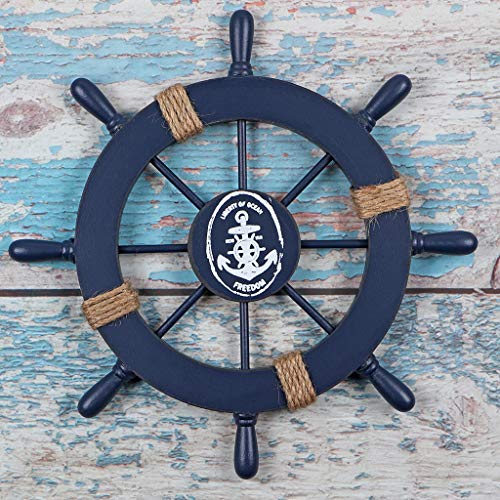 MDLUU Wooden Nautical Ship Steering Wheel, Small Ship Rudder and Anchor Wall Decor Set, 11" Navy Blue Helm Wheel Beach Theme Hanging Ornament - Image 2