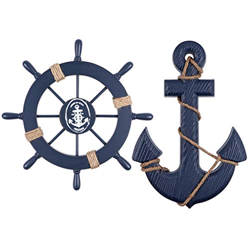 MDLUU Wooden Nautical Ship Steering Wheel, Small Ship Rudder and Anchor Wall Decor Set, 11" Navy Blue Helm Wheel Beach Theme Hanging Ornament - Image 1