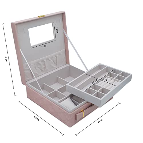 Sagrach PU Leather Lockable Jewelry Box Men and Women |Two Layers Storage Case with Mirror | Jewellery Display Holder with 4 Necklace Hook For Girl's (1Pc, Pink,26cm x 26cm x 9cm) - Image 3