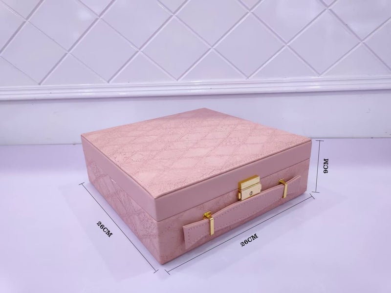 Sagrach PU Leather Lockable Jewelry Box Men and Women |Two Layers Storage Case with Mirror | Jewellery Display Holder with 4 Necklace Hook For Girl's (1Pc, Pink,26cm x 26cm x 9cm) - Image 2