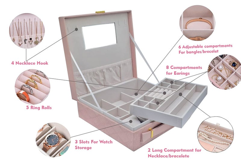 Sagrach PU Leather Lockable Jewelry Box Men and Women |Two Layers Storage Case with Mirror | Jewellery Display Holder with 4 Necklace Hook For Girl's (1Pc, Pink,26cm x 26cm x 9cm) - Image 5