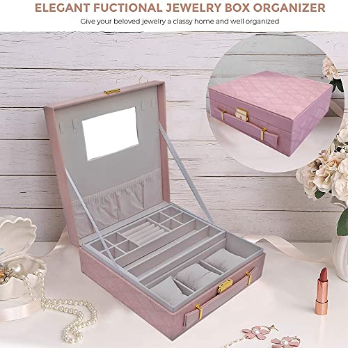 Sagrach PU Leather Lockable Jewelry Box Men and Women |Two Layers Storage Case with Mirror | Jewellery Display Holder with 4 Necklace Hook For Girl's (1Pc, Pink,26cm x 26cm x 9cm) - Image 4