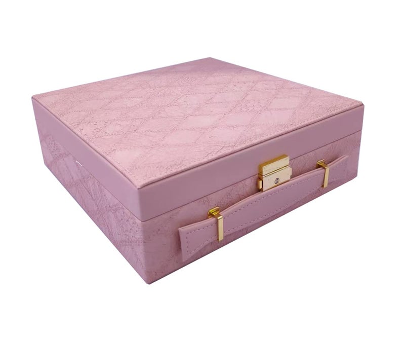Sagrach PU Leather Lockable Jewelry Box Men and Women |Two Layers Storage Case with Mirror | Jewellery Display Holder with 4 Necklace Hook For Girl's (1Pc, Pink,26cm x 26cm x 9cm) - Image 1