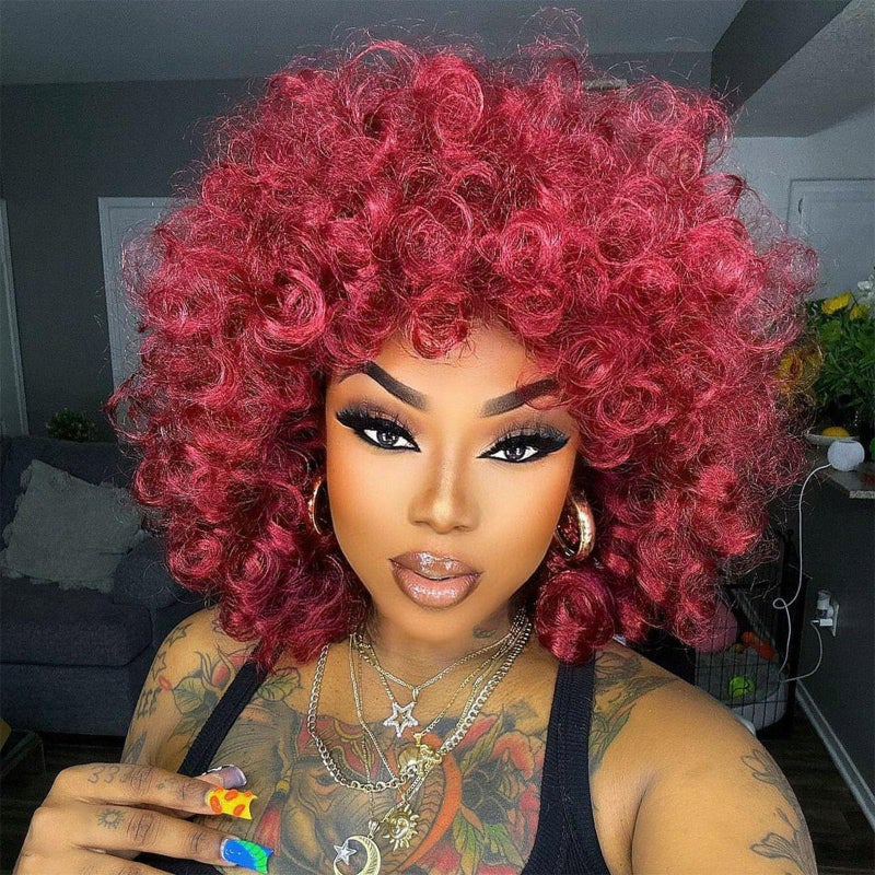 PHOENIXFLY Red Curly Wigs for Black Women Short Loose Burgundy Curly Wigs for Women Curly Synthetic Hair Wig Heat Resistant Hair Replacement with Wig CapsBurgundyRed