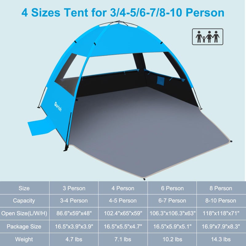 Gorich Beach Tent Sun Shelter for 3/4/6/8/10 Person with UPF 50ï¼‹ UV Protection, Lightweight & Easy Setup Beach Shade Canopy, Portable Beach Shade Tent Beach Cabana - Image 2