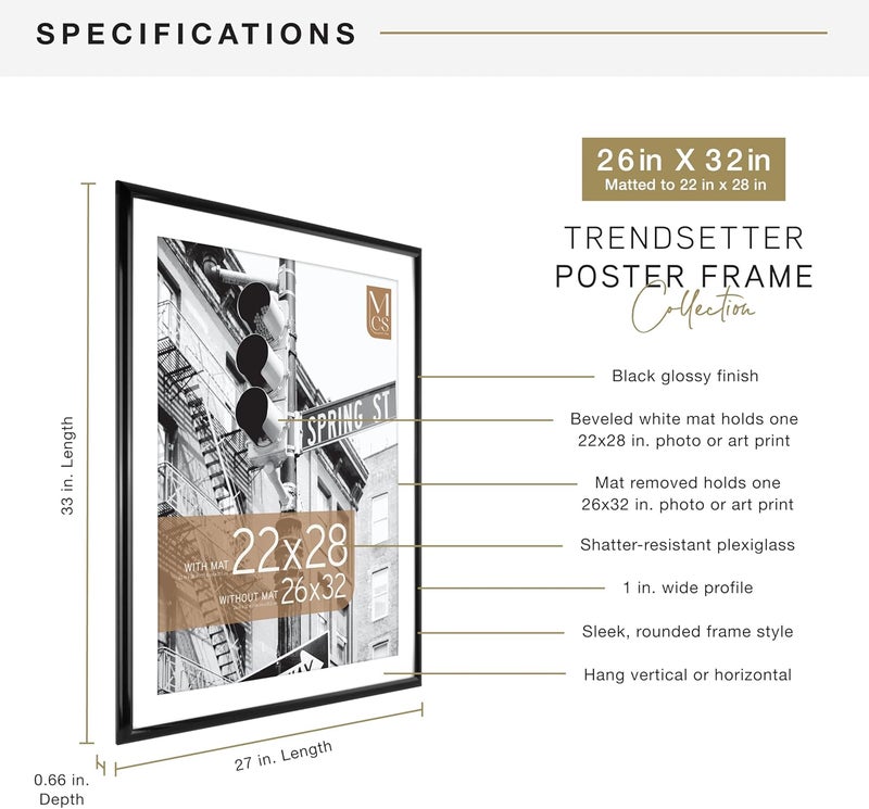 MCS Trendsetter 26x32 Poster Frame, Display Pictures 22x28 With Mat or 26x32 Without Mat, Vertical & Horizontal Wall Hanging Large Picture Frame for Photos & Posters, Black (1-Pack) - Image 4