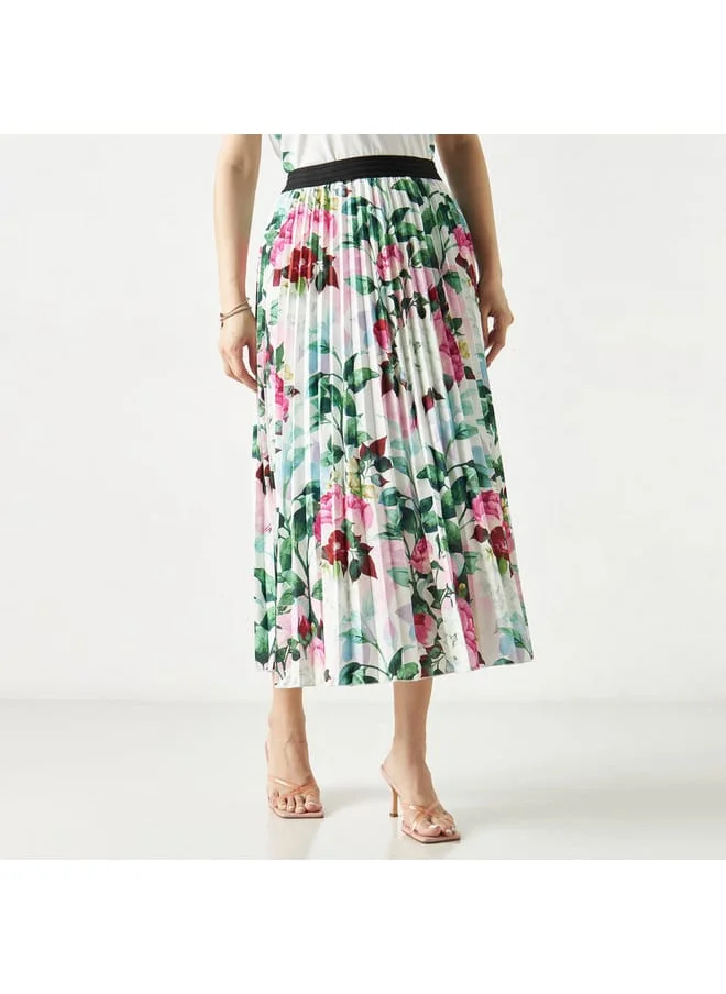 2Xtremz 2Xtremz Floral Print Pleated Midi A-line Skirt with Elasticated Waistband