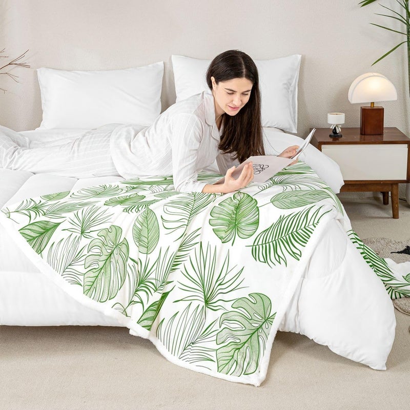 Erosebridal Tropical Botanical Fleece Blanket Queen 90"x90" Palm Banana Leaf Sherpa Blanket Vintage Exotic Leaves Fuzzy Plush Throw for Kids Adults,Vintage Plants Decor for Bed Couch - Image 5