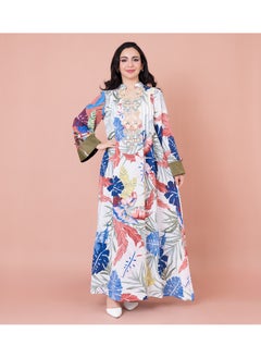 اكسا جلابية مطرزة نقوش ورق شجر IK1031 ابيض  - Image 1