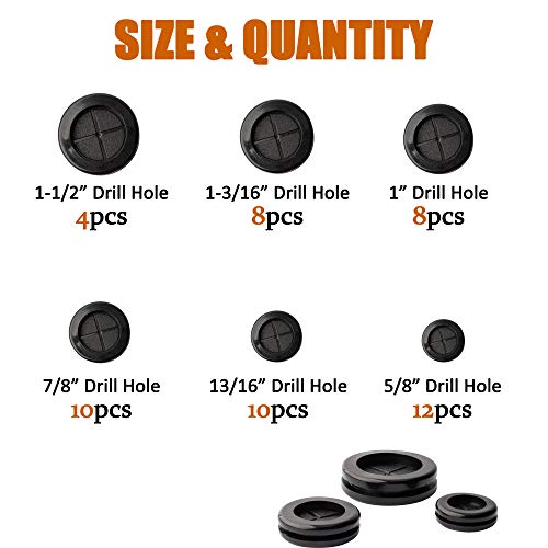 ISPINNER 52pcs 6 Sizes Rubber Grommet, Double Sided Round Rubber Hole Plug, Drill Hole 5/8" 13/16" 7/8" 1" 1-3/16" 1-1/2" (Black) - Image 2