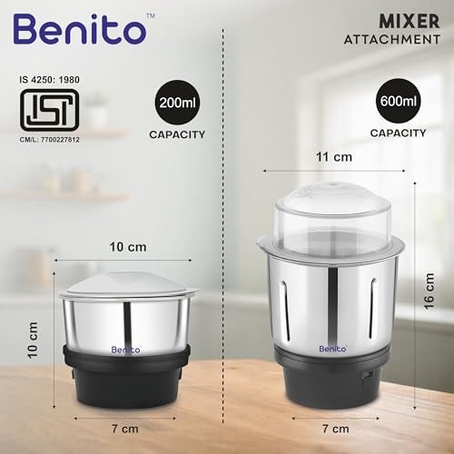 Benito Combo Chutney Jar (200ml & 600ml) for Mixer Grinder – Compatible with 4-Teeth Coupler & Dual Locking System - Image 2