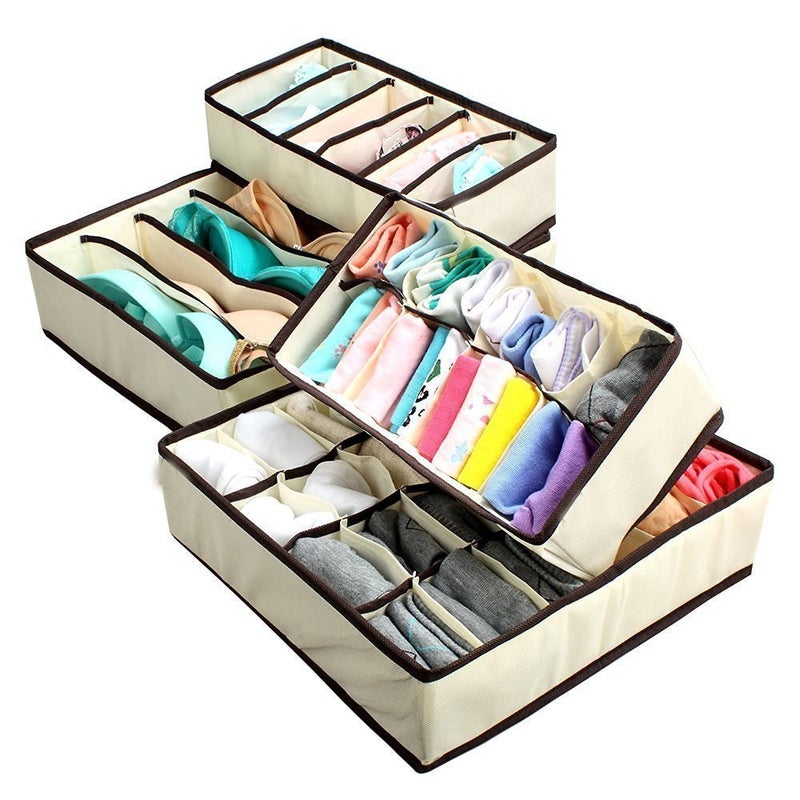 KARTUNBOX KARTUNBOX Set of 4 Foldable Storage Box Drawer Divider Organizer Closet Storage for Socks Bra Tie Scarfs Beige - Image 3
