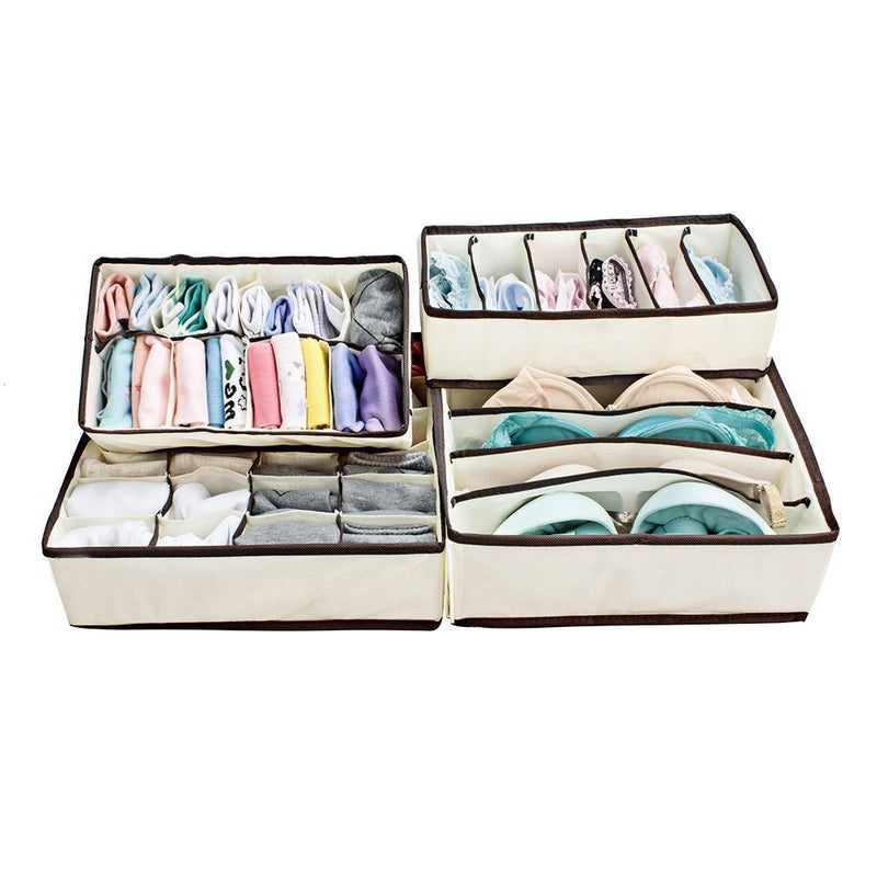 KARTUNBOX KARTUNBOX Set of 4 Foldable Storage Box Drawer Divider Organizer Closet Storage for Socks Bra Tie Scarfs Beige - Image 2