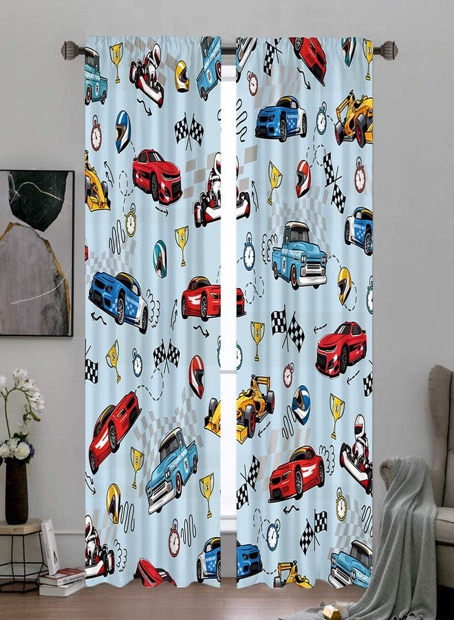 Cinbloo Race Car Curtains 52Wx84H Inch Rod Pocket for Kids Boys Blue Sports Racing Cartoon Car Flag Cool Art Printed Toddler Nursery Children Living Room Bedroom Window Drapes Treatment 2 Panels - Image 2