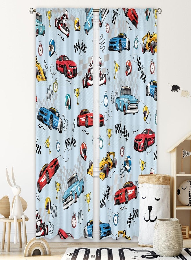 Cinbloo Race Car Curtains 52Wx84H Inch Rod Pocket for Kids Boys Blue Sports Racing Cartoon Car Flag Cool Art Printed Toddler Nursery Children Living Room Bedroom Window Drapes Treatment 2 Panels - Image 1