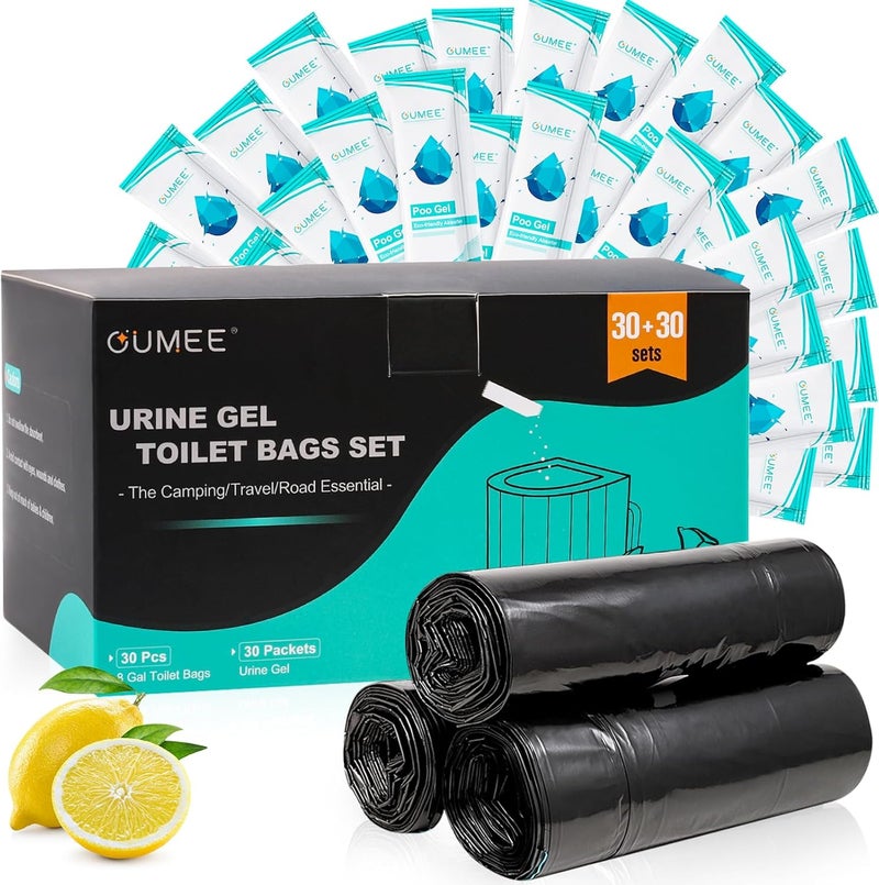 OUMEE 30 Portable Toilet Bags with 30 Poo Gel Set, 8 Gallon Camping Toilet Bags with Absorbent Gels, Waste Bags, Portable Trash Bag for Camping Potty, Rvs Travel (Lemon-[30Bags+30Gel Packets]) - Image 1