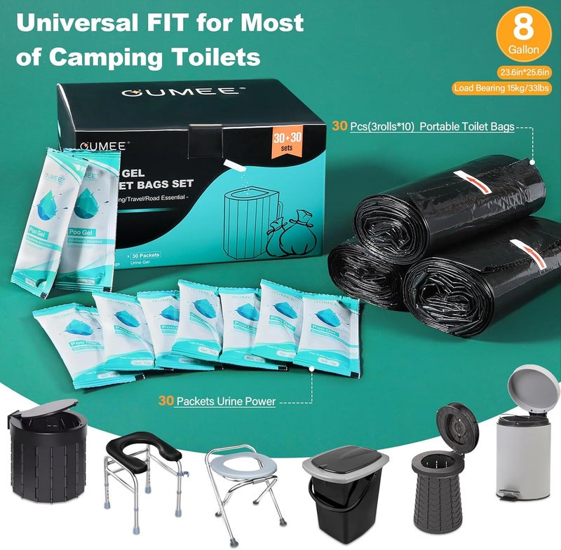 OUMEE 30 Portable Toilet Bags with 30 Poo Gel Set, 8 Gallon Camping Toilet Bags with Absorbent Gels, Waste Bags, Portable Trash Bag for Camping Potty, Rvs Travel (Lemon-[30Bags+30Gel Packets]) - Image 2