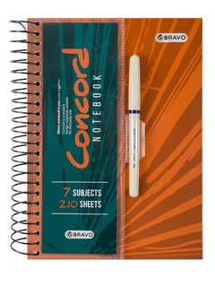 Bravo Bravo Concord Spiral Notebook with Free pen - 7 Subjects - 210 Sheets - A4 Size - Orange 
