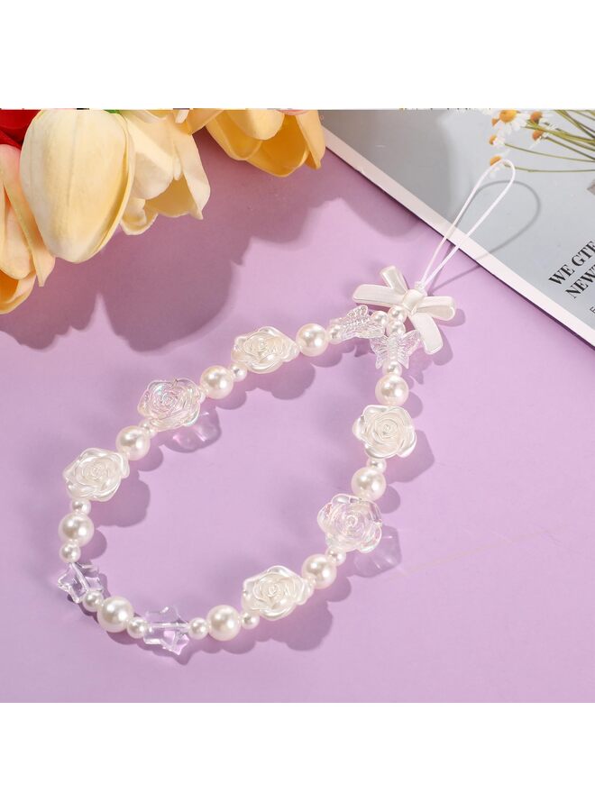 3 Pcs Phone Charms Strap Beaded Pearl Butterfly Flower Phone Strap Cute Lanyard Chain for Camera Keychain Wallet Pendant Decor, 1, Plastic, No Gemstone - Image 2