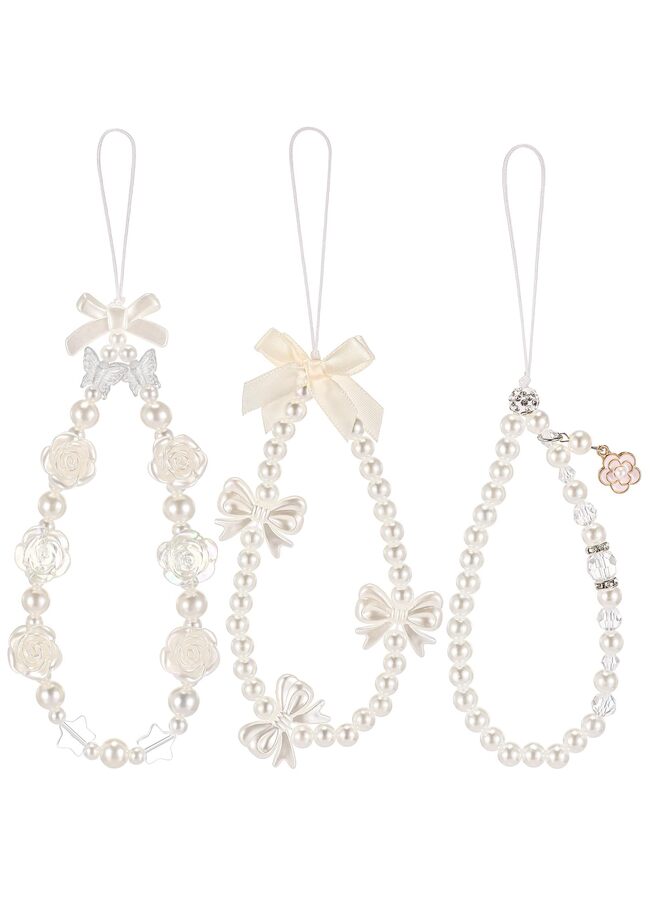 3 Pcs Phone Charms Strap Beaded Pearl Butterfly Flower Phone Strap Cute Lanyard Chain for Camera Keychain Wallet Pendant Decor, 1, Plastic, No Gemstone - Image 1