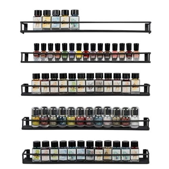 MyGift 16 Inch Wall Mounted Black Metal Nail Polish and Essential Oil Display Shelves, Kitchen Hanging Racks for Seasoning Shakers or Spice Jars, Set of 5